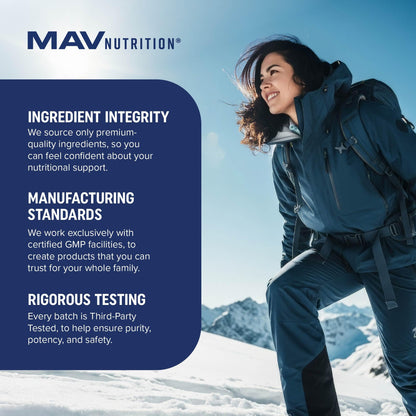Full range presentation of MAV Nutrition fish oil bottle detailing the one hundred twenty softgels capacity