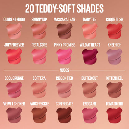 Model wearing Maybelline Super Stay Teddy Tint on lips