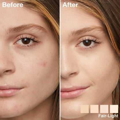 Swatches of the illuminating 4-In-1 concealer and highlighter on a light skin tone background.