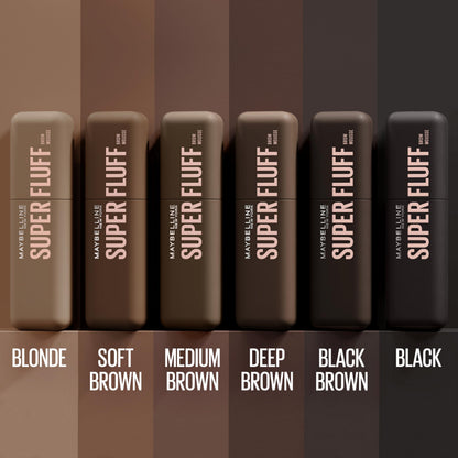 Swatches of the Maybelline Superfluff Soft Brown tinted gel formula showing true color payoff.