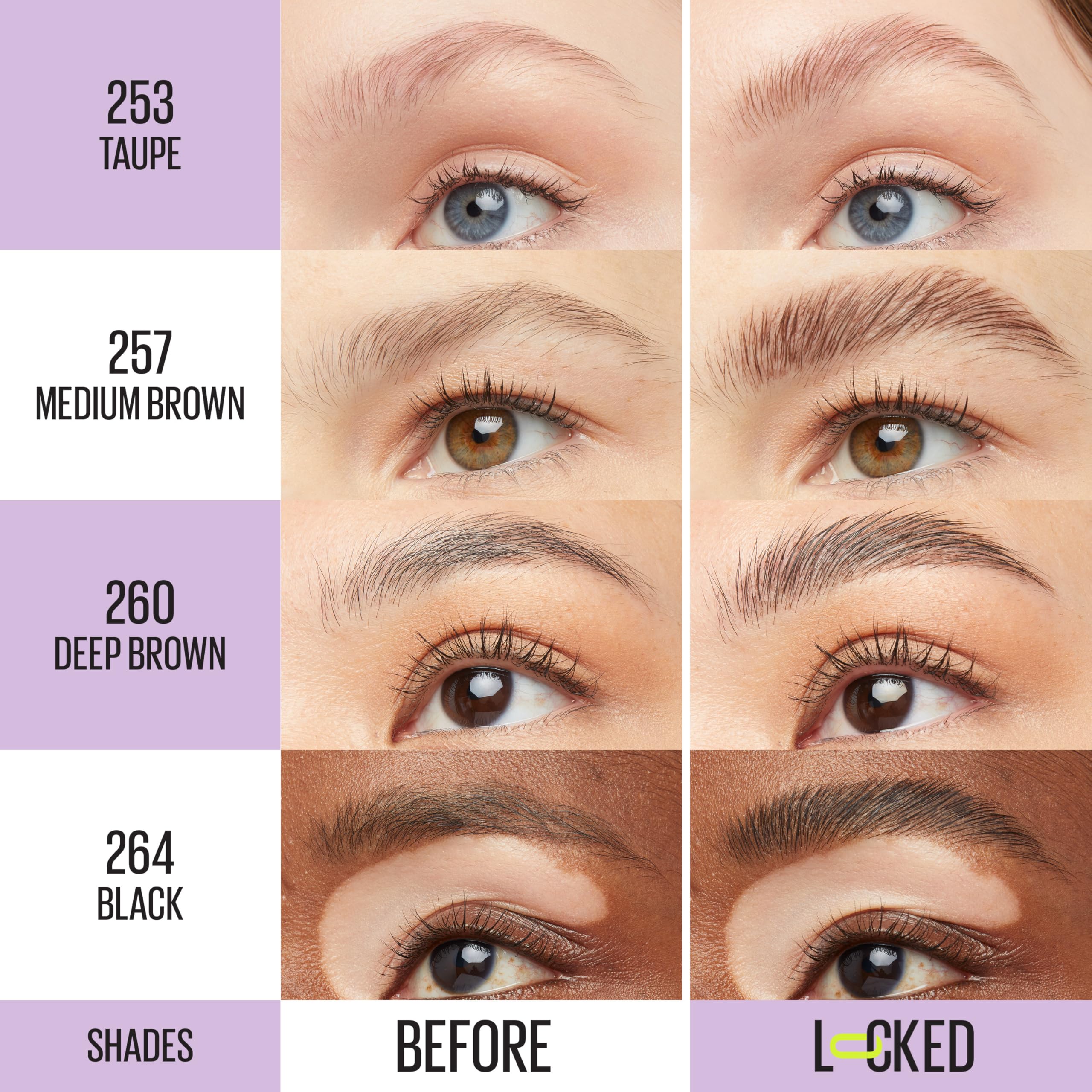Before and after comparison of brow volume using Maybelline Super Lock tinted gel