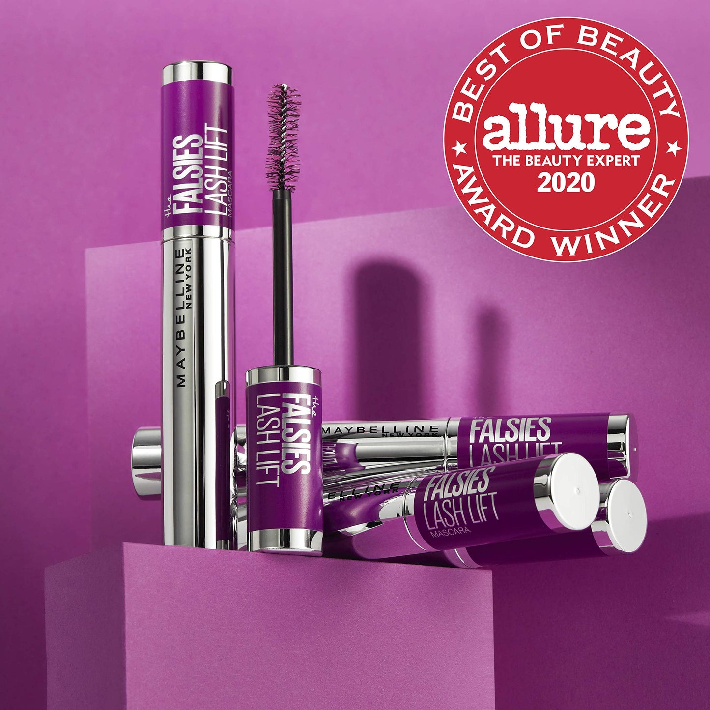 Educational graphic showing application of Maybelline Lash Lift mascara