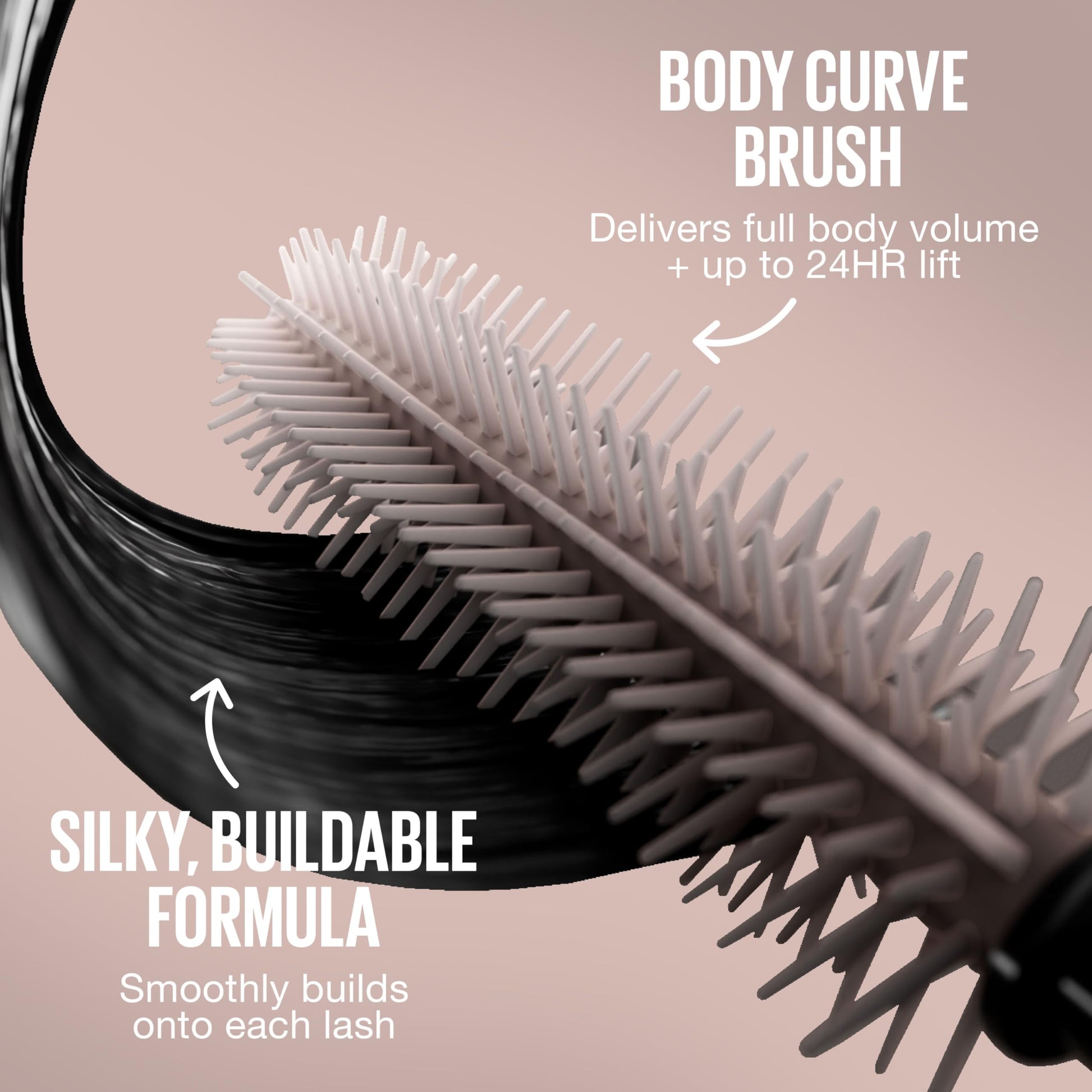 Side angle view of the eye makeup applicator wand detailing the curve designed for maximum lash lift.