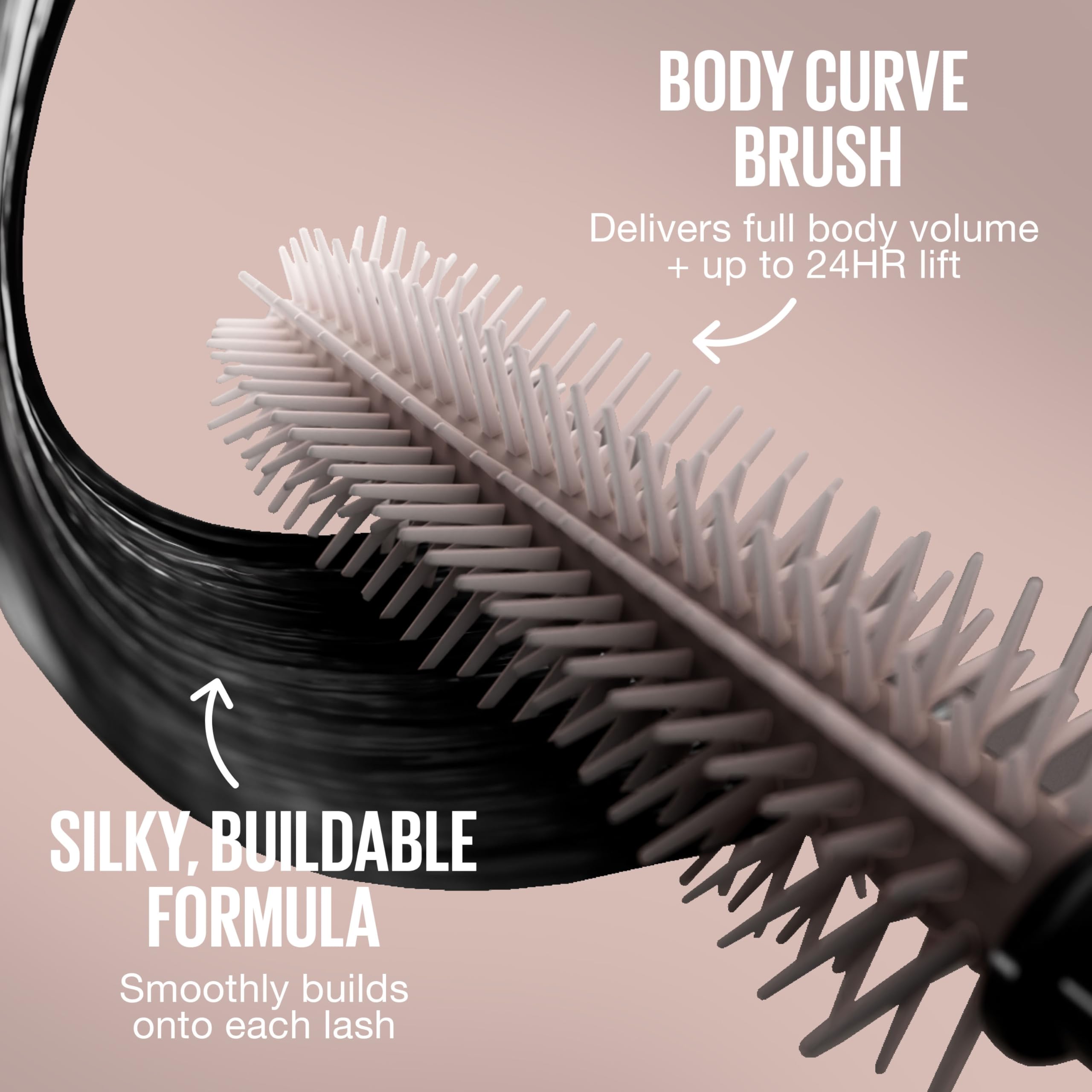 Side angle view of the eye makeup applicator wand detailing the curve designed for maximum lash lift.
