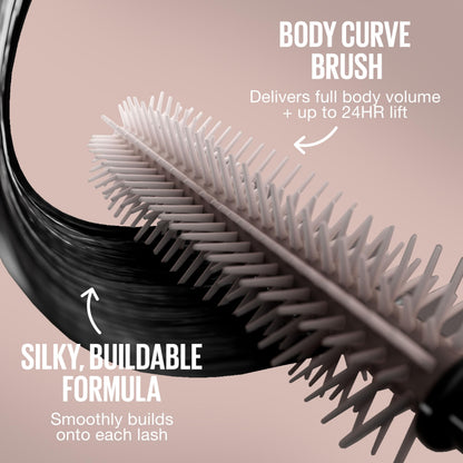 Side angle view of the eye makeup applicator wand detailing the curve designed for maximum lash lift.