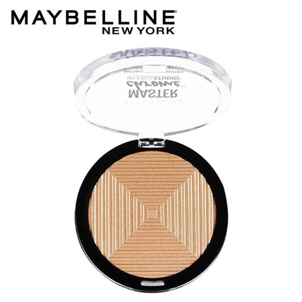 Maybelline Molten Gold highlighter open case showing embossed powder texture