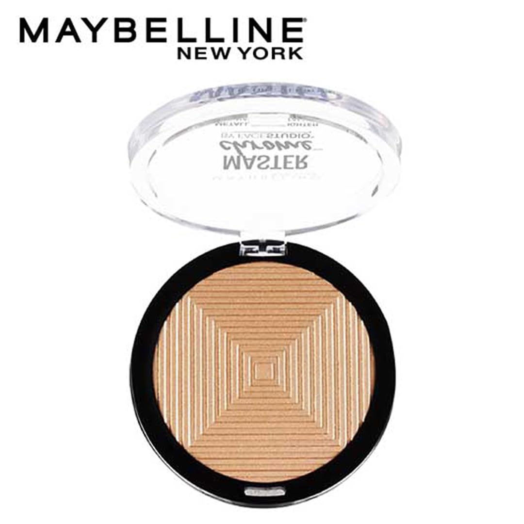 Maybelline Molten Gold highlighter open case showing embossed powder texture
