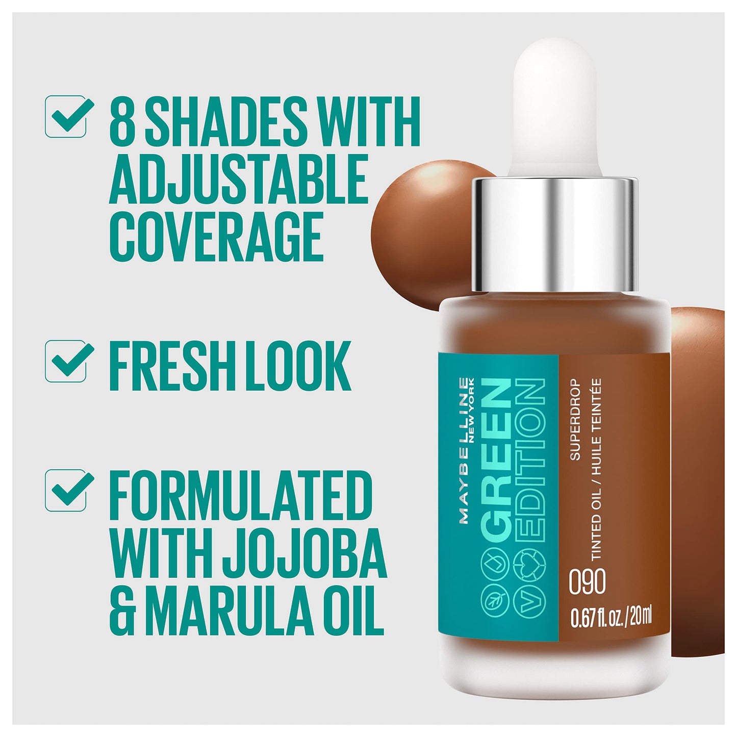 Maybelline Green Edition Shade 20 tinted oil packaging showing jojoba and marula oil ingredients