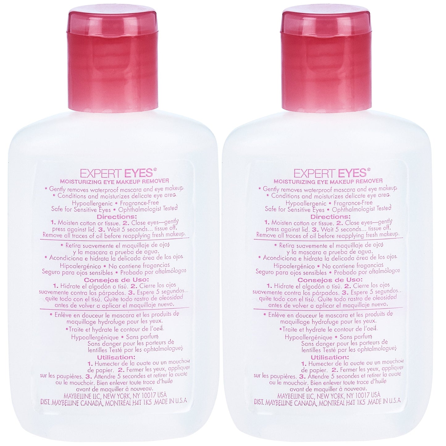 Maybelline Expert Eyes makeup remover bottles side view