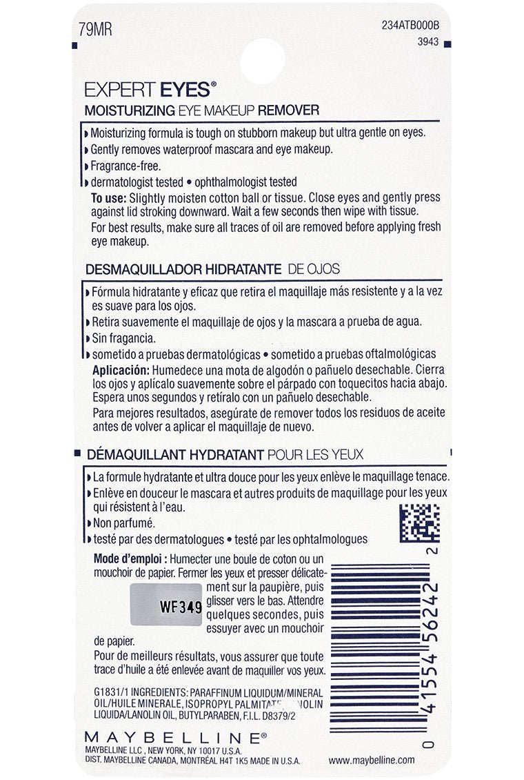 Close up of Maybelline moisturizing eye makeup remover label