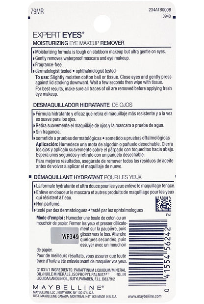 Close up of Maybelline moisturizing eye makeup remover label