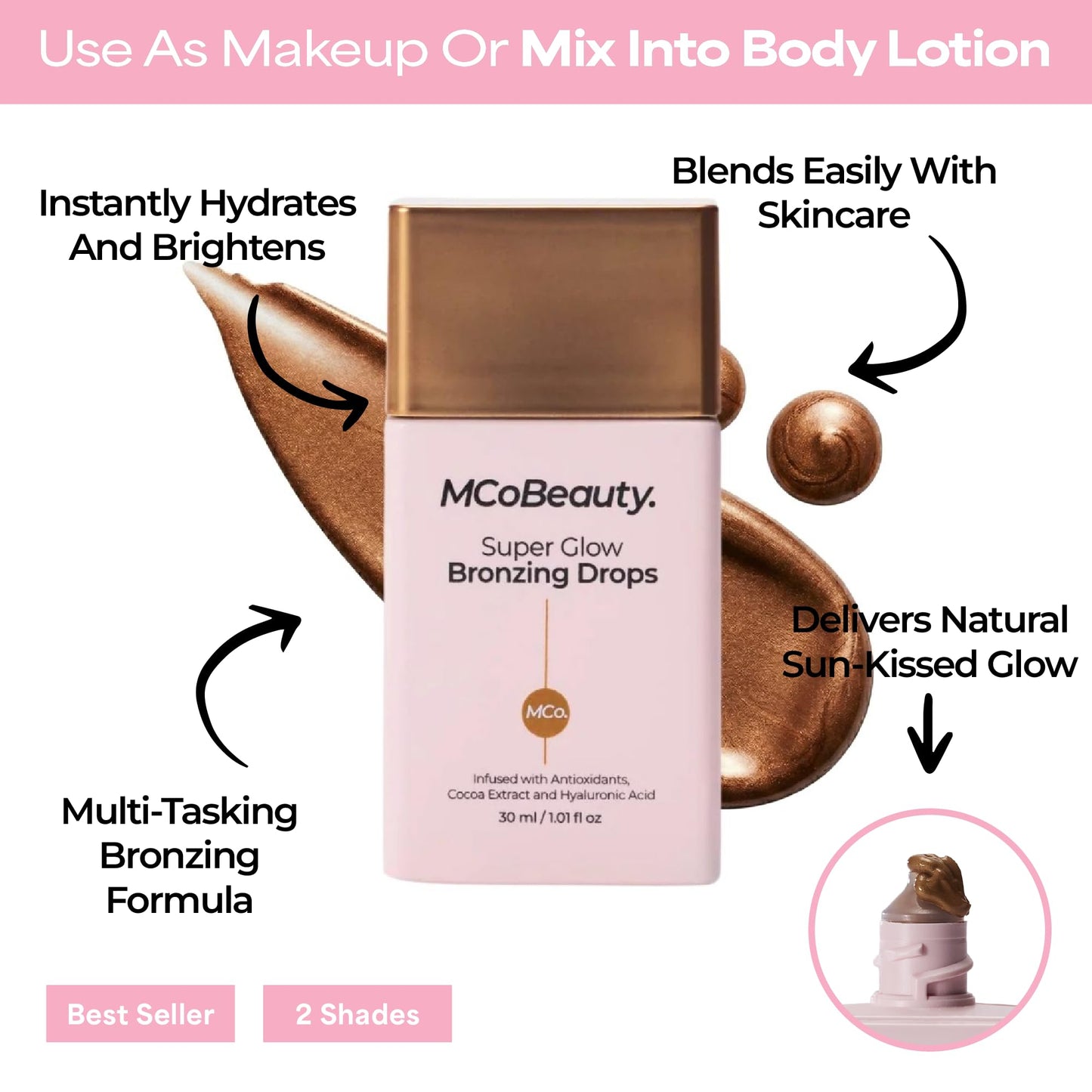 Hydrating bronzing drops bottle placed alongside skincare products to demonstrate mixing routine.