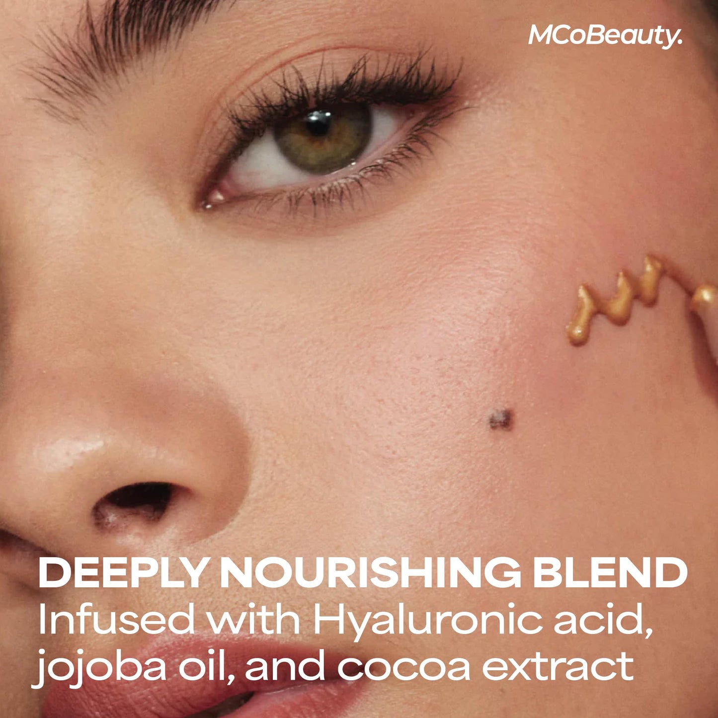MCoBeauty Super Glow Bronzing Drops packaging showcasing ingredients like hyaluronic acid and jojoba oil.