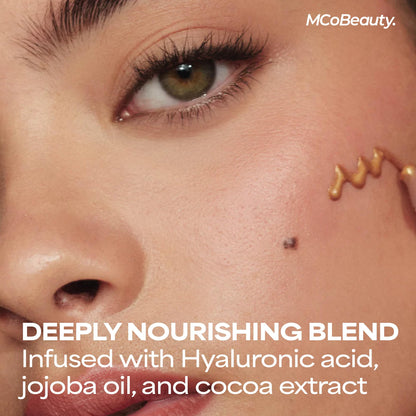 MCoBeauty Super Glow Bronzing Drops packaging showcasing ingredients like hyaluronic acid and jojoba oil.