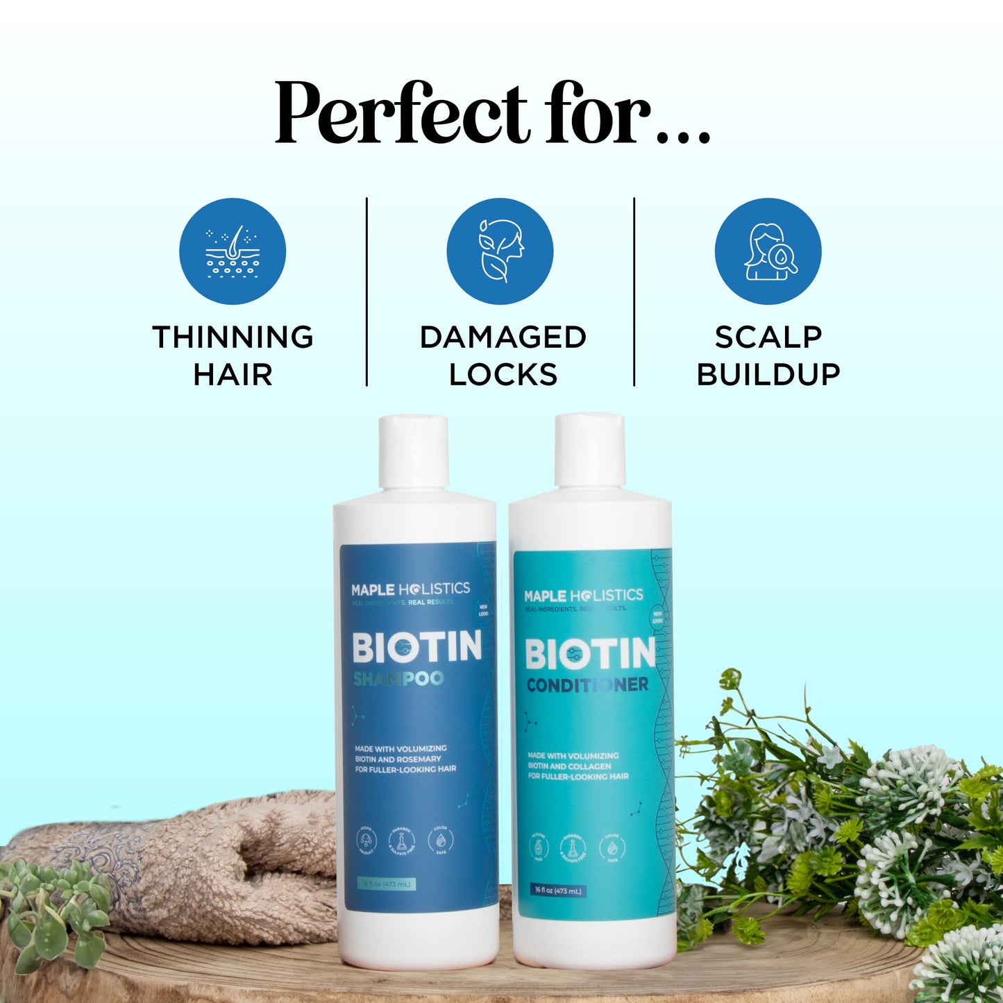 Maple Holistics 8 ounce shampoo and conditioner bottles for fuller hair texture.