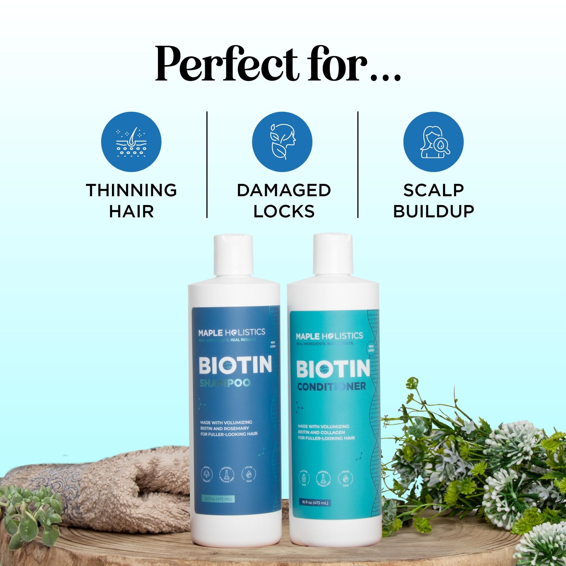 Maple Holistics 8 ounce shampoo and conditioner bottles for fuller hair texture.