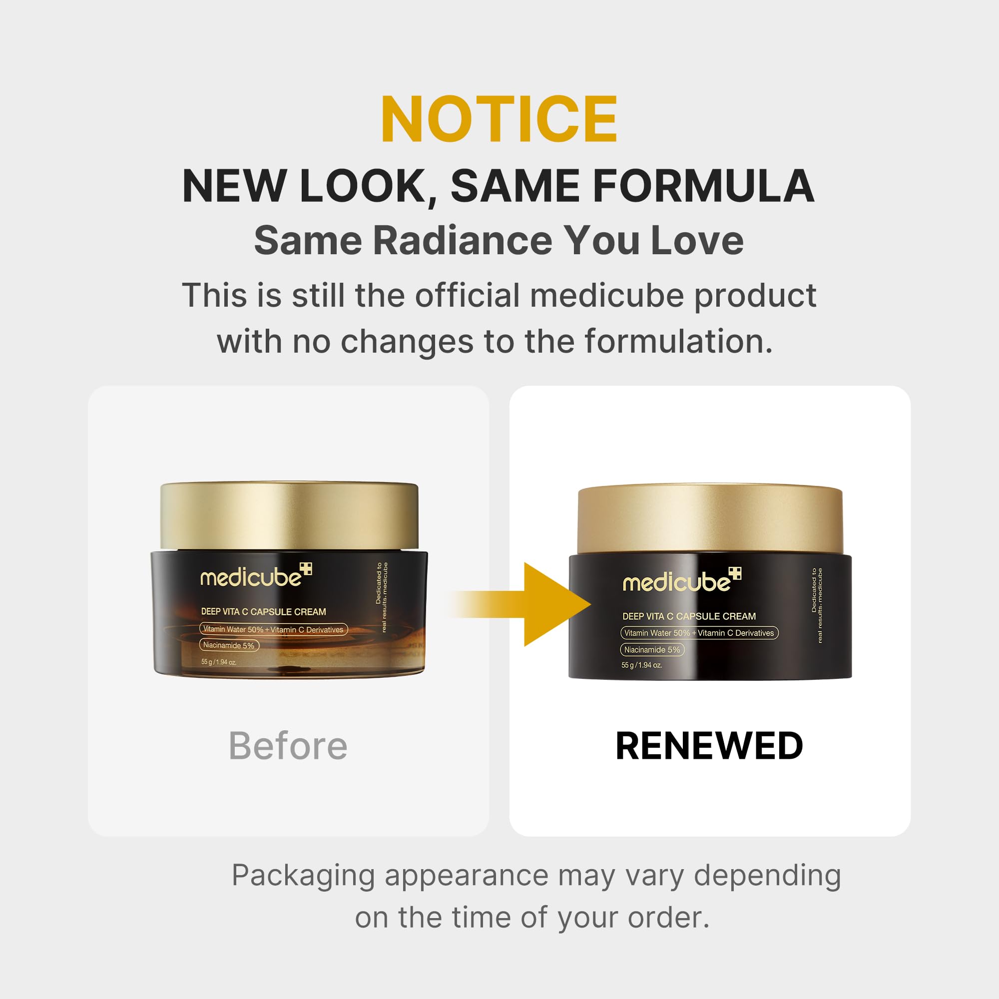 Medicube Deep Vita C Capsule Cream texture showing golden spheres in clear gel
