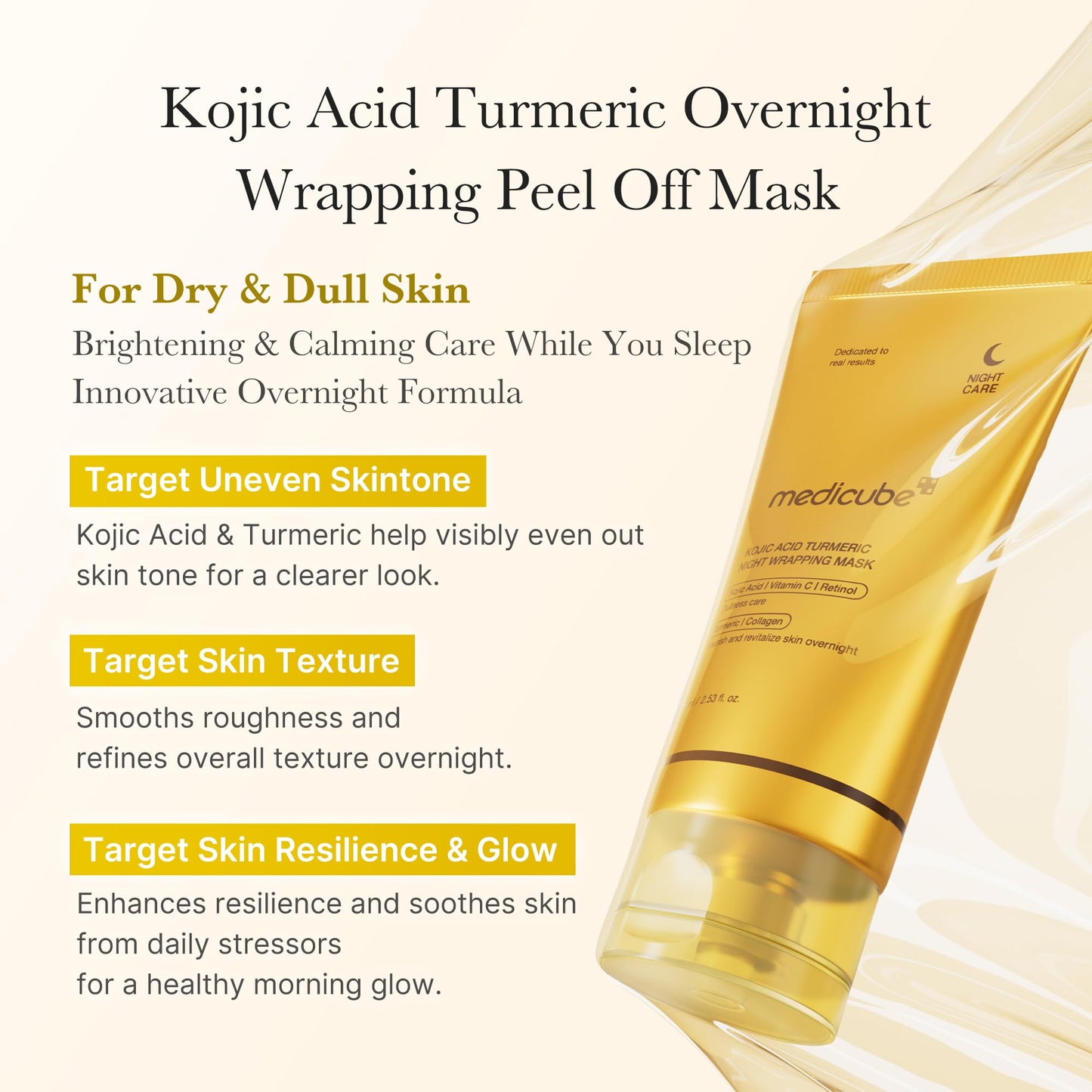 Texture shot of the yellow gold gel formula of Medicube turmeric mask on skin
