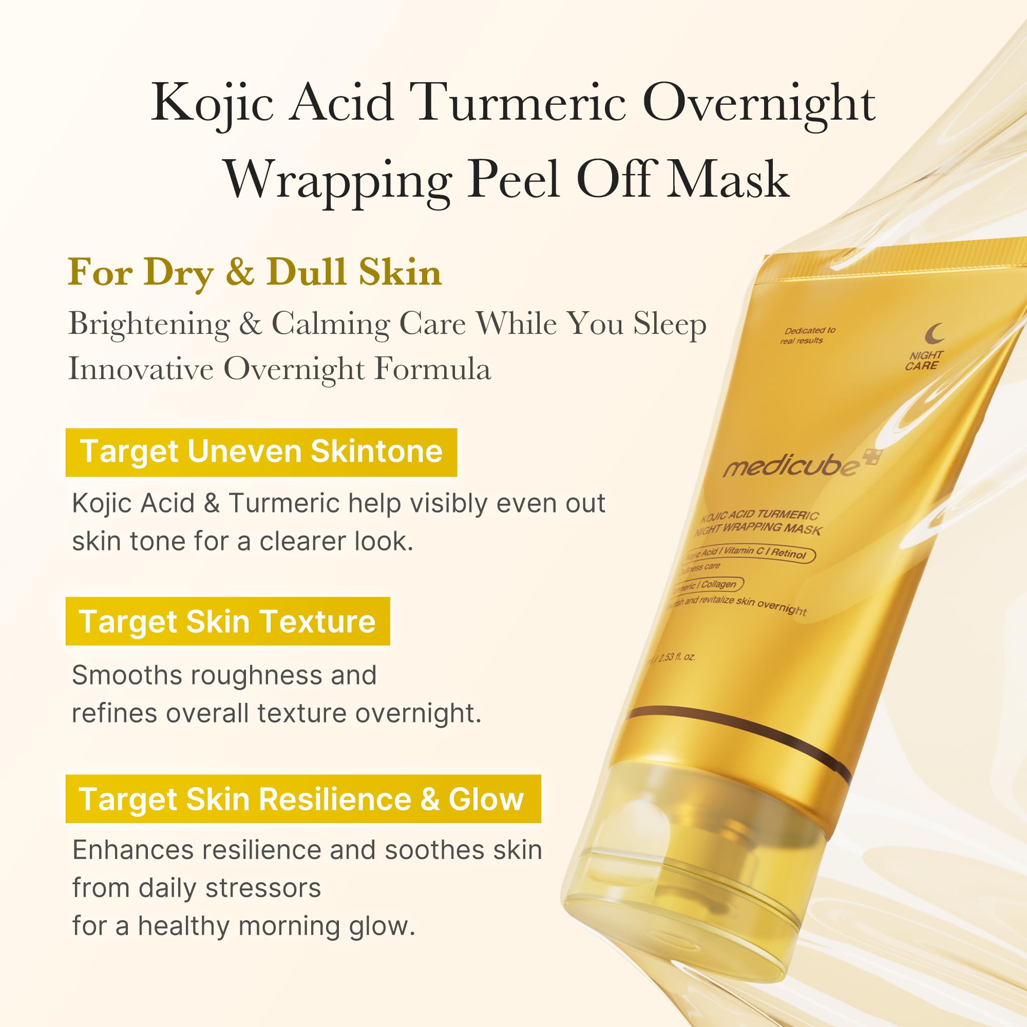 Texture shot of the yellow gold gel formula of Medicube turmeric mask on skin