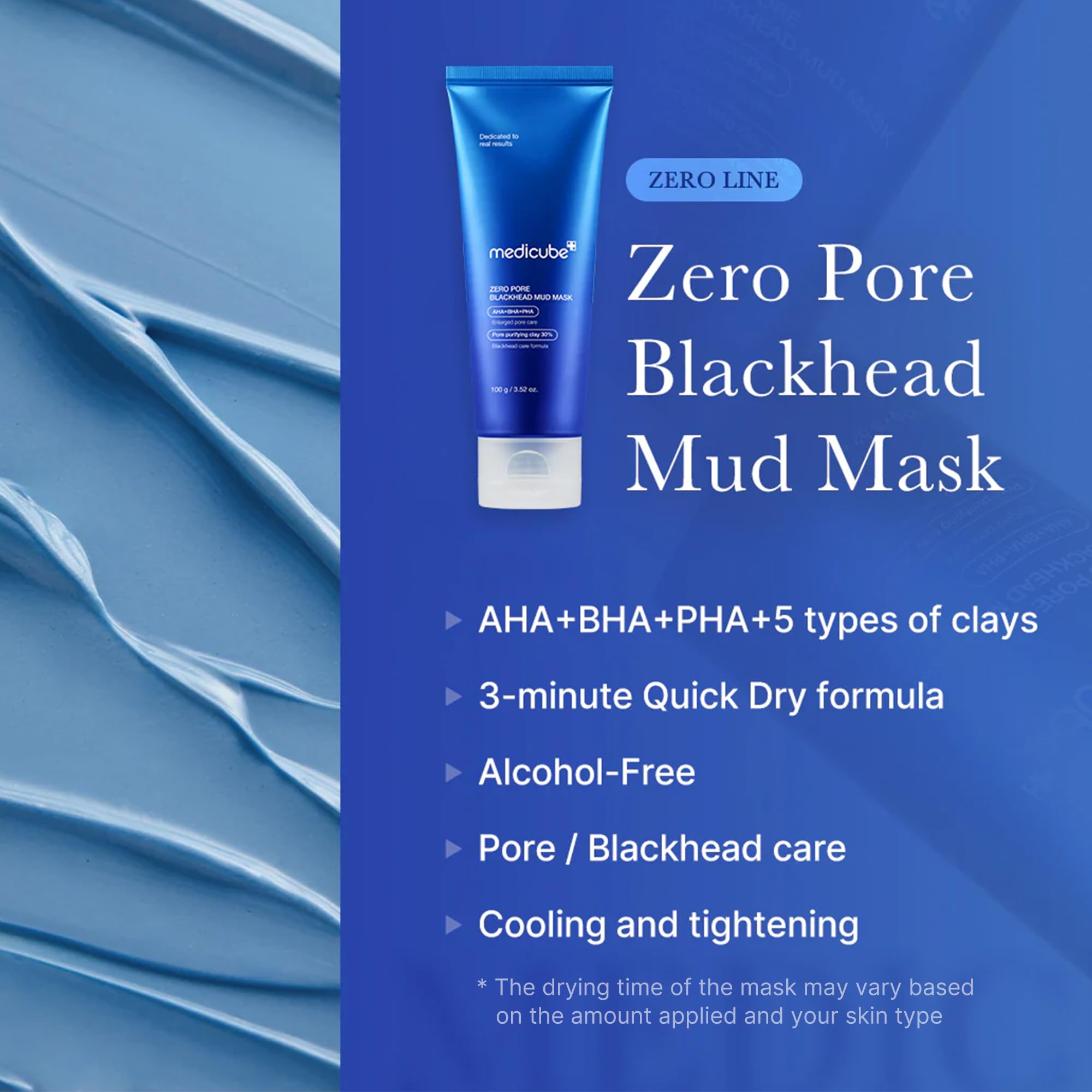 Medicube Korean mud mask jar highlighting the three minute pore tightening formula