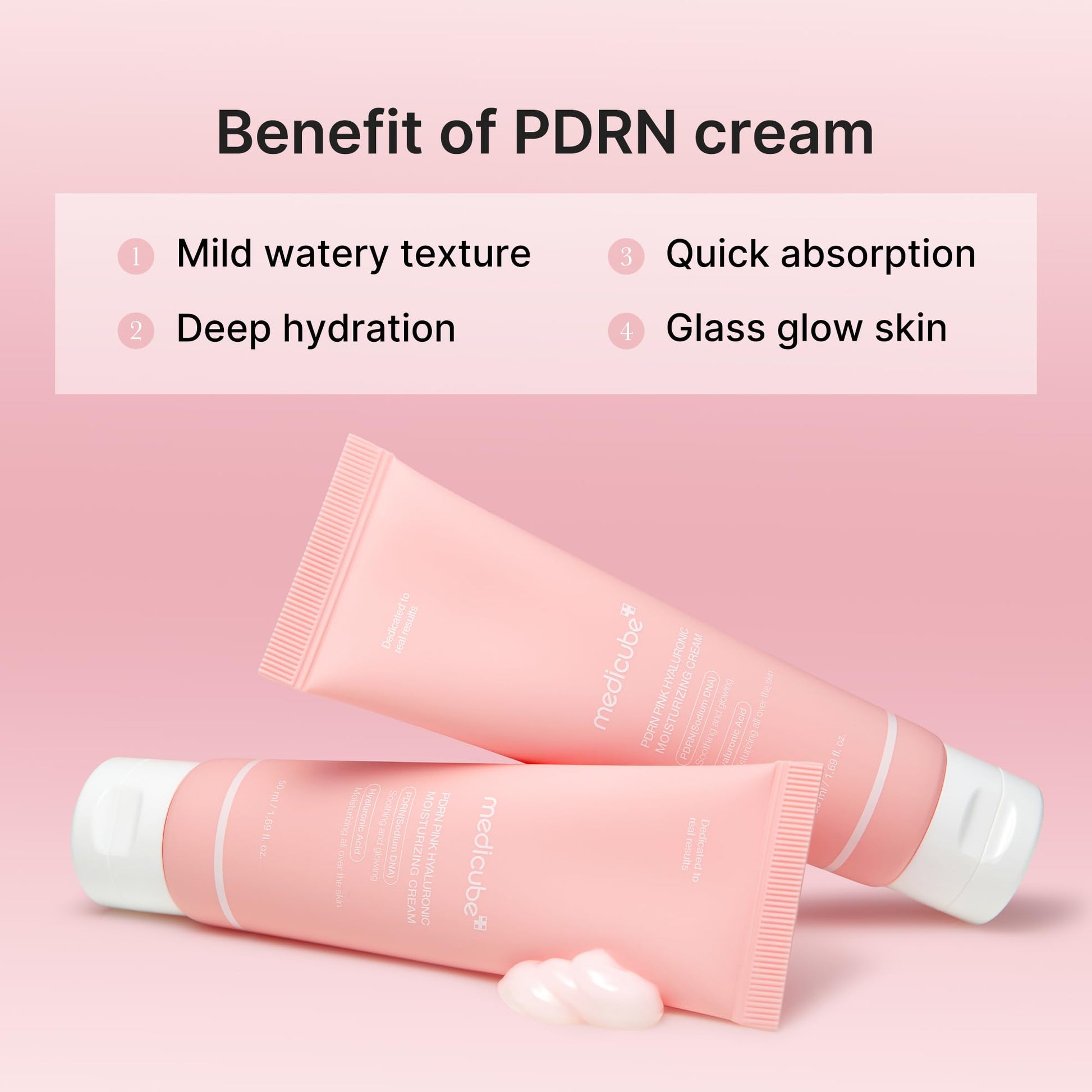 Back view of the Medicube pink hyaluronic cream tube detailing directions and volume.