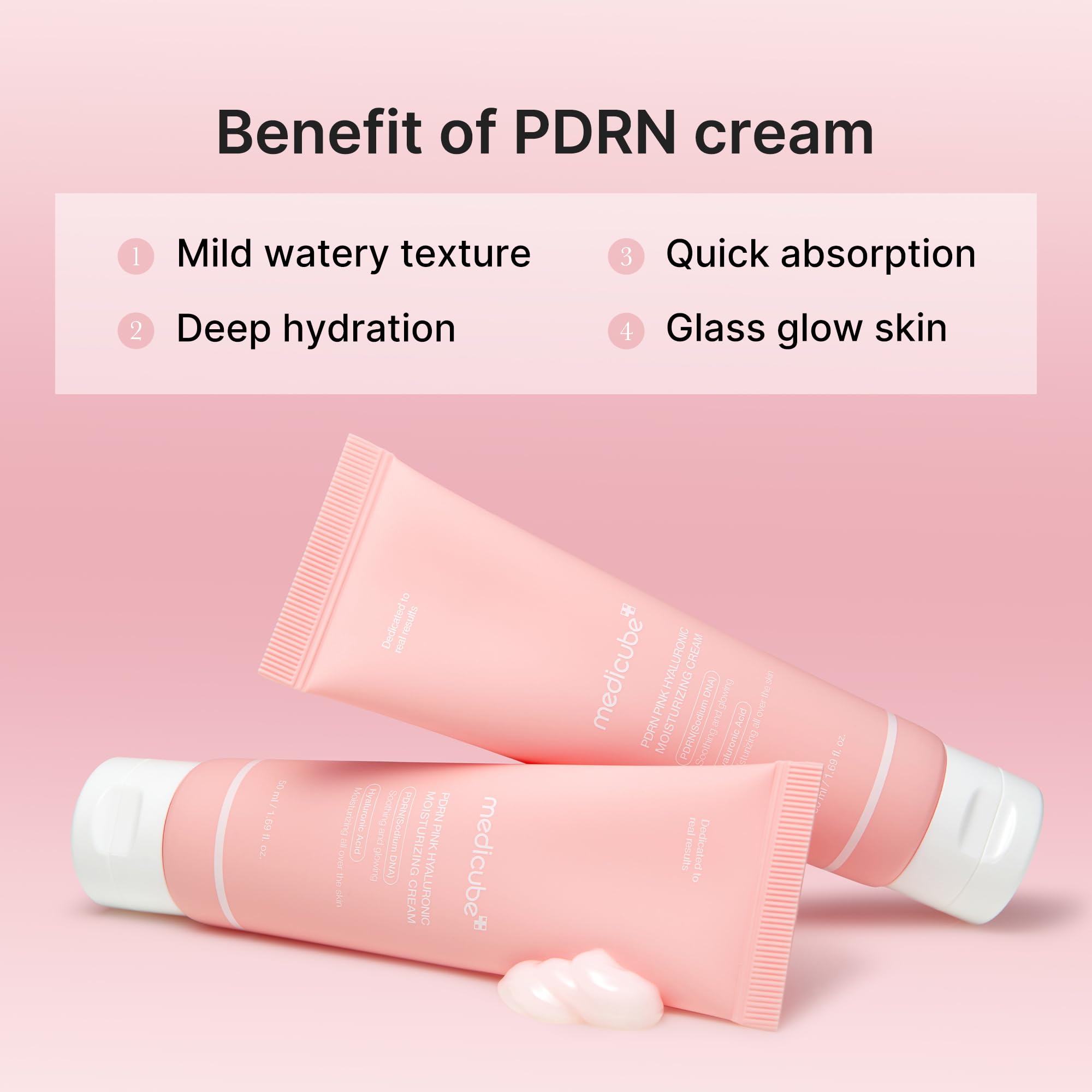 Back view of the Medicube pink hyaluronic cream tube detailing directions and volume.