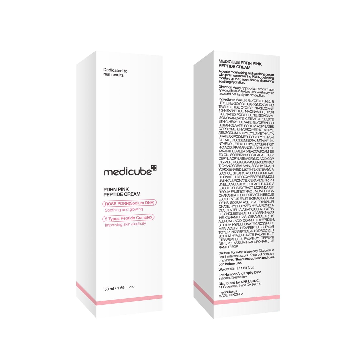 Complete packaging of Medicube PDRN pink cream highlighting product authenticity labels.