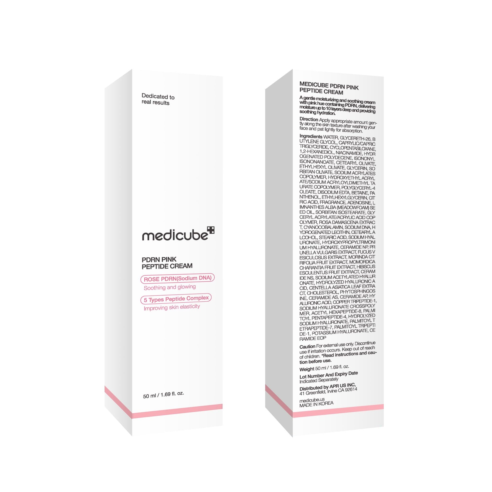 Complete packaging of Medicube PDRN pink cream highlighting product authenticity labels.