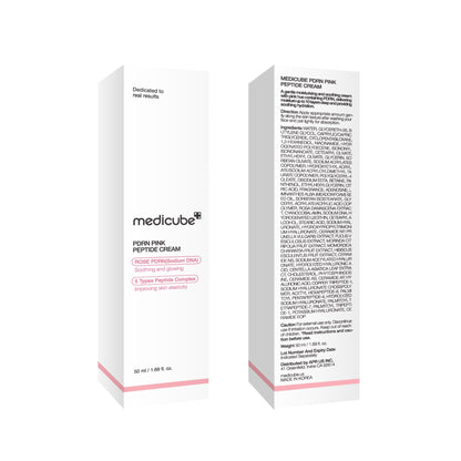 Complete packaging of Medicube PDRN pink cream highlighting product authenticity labels.