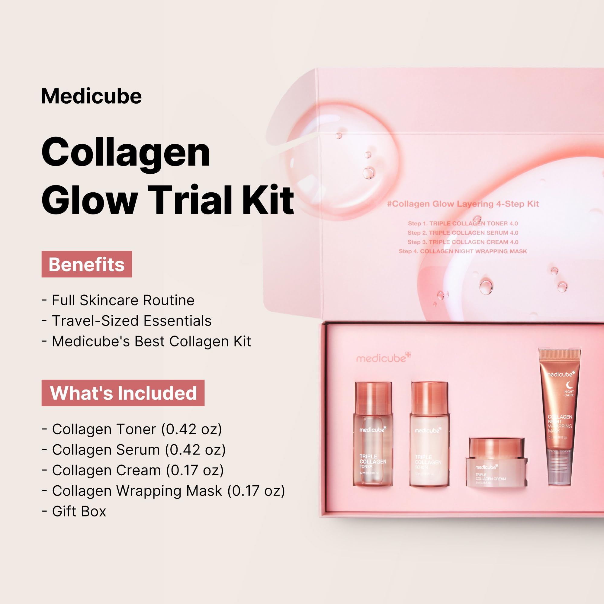 Medicube Triple Collagen Toner mini bottle from the Glass Skin Trial Kit for deep facial hydration.