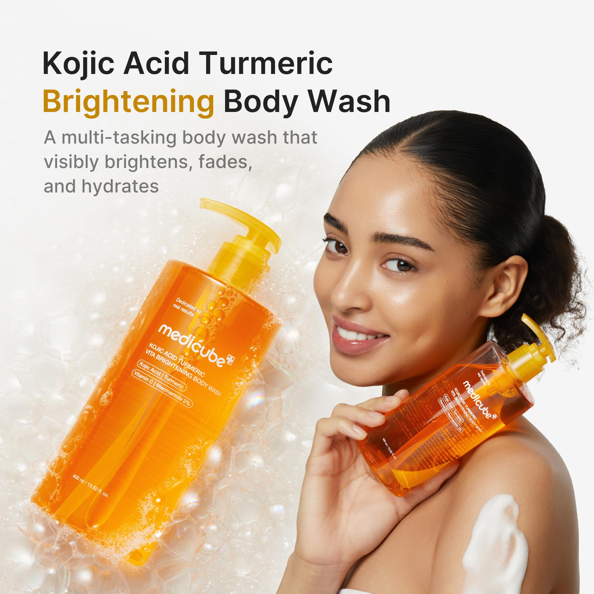 Medicube brightening body wash bottle with key ingredients label