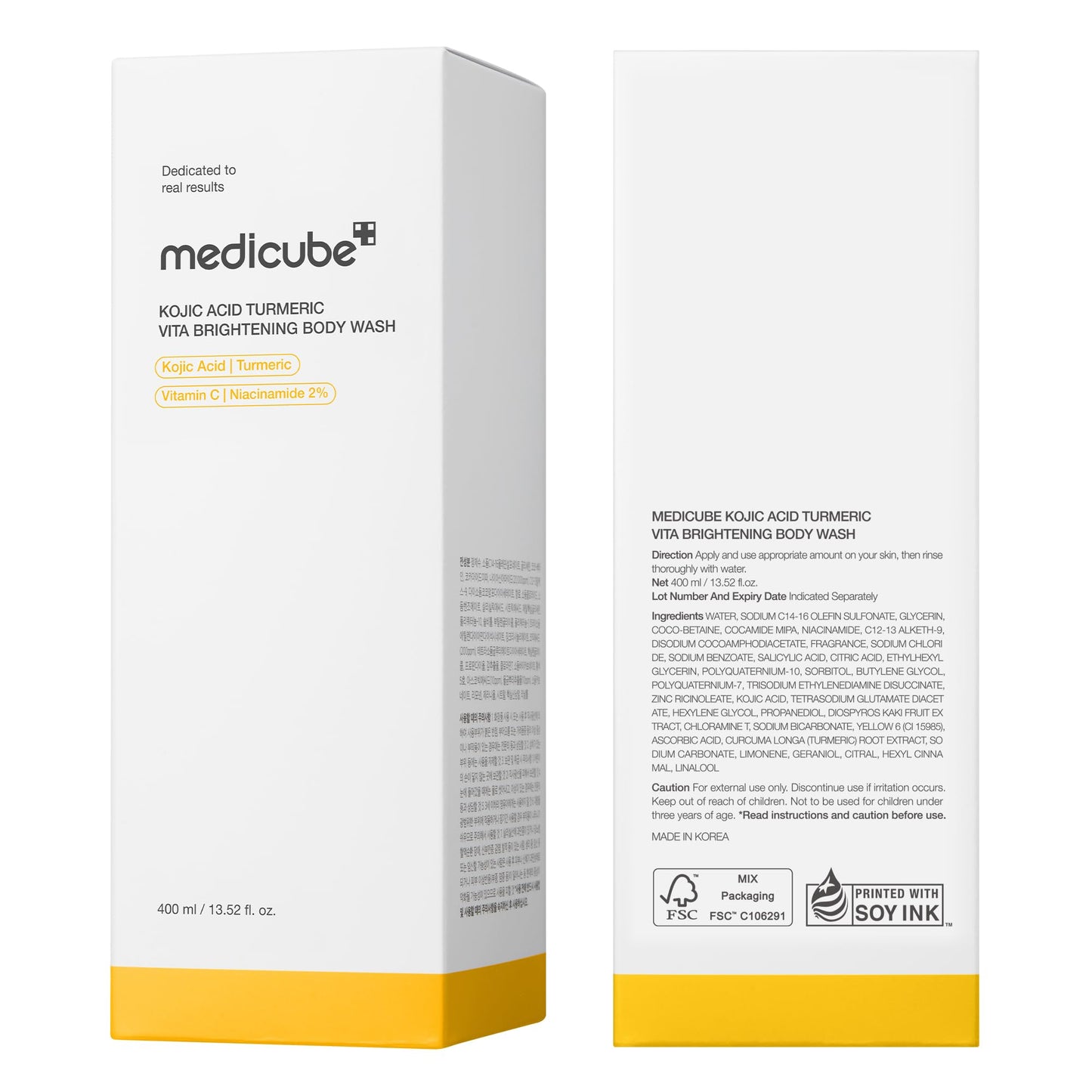 Lifestyle shot of Medicube Kojic Acid Turmeric body wash in a shower