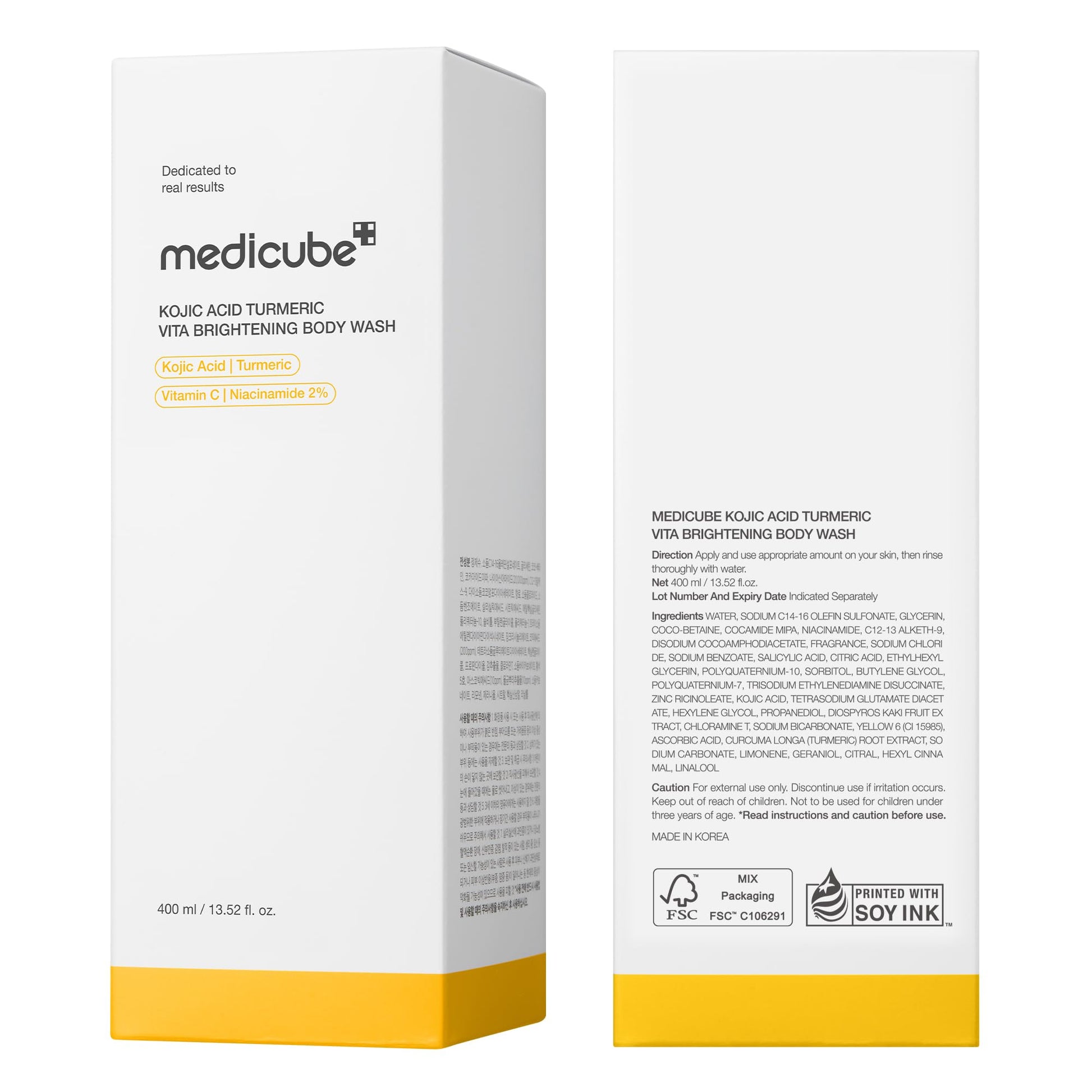 Lifestyle shot of Medicube Kojic Acid Turmeric body wash in a shower