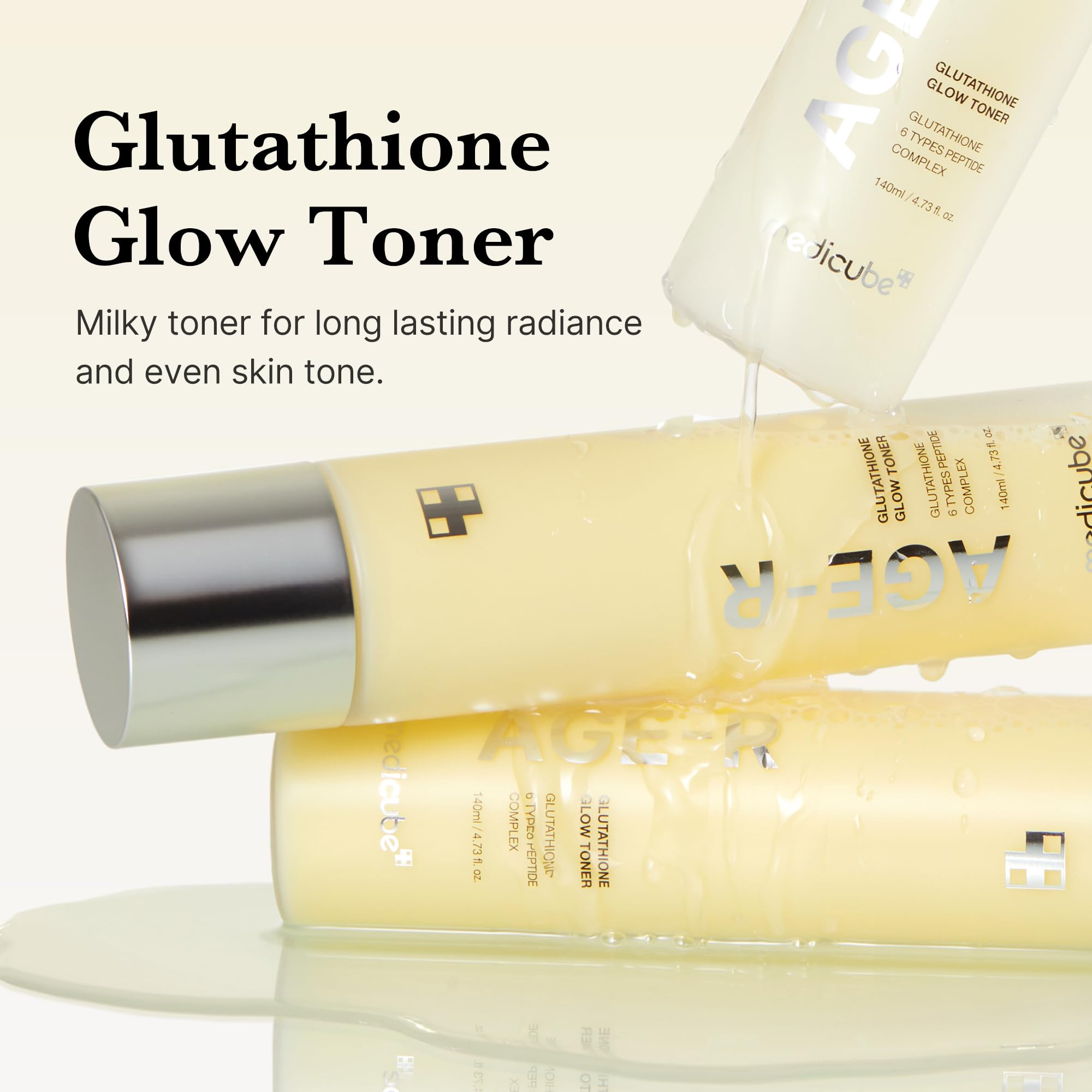 Medicube Korean glass skin brightening toner bottle on a clean vanity backdrop.