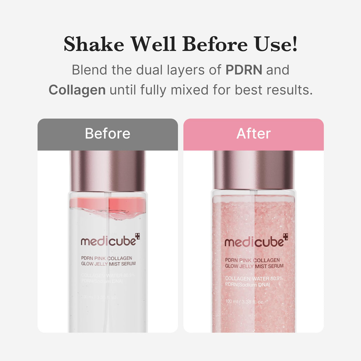 Medicube PDRN Pink Collagen Glow Jelly Mist Serum texture demonstration spray splash