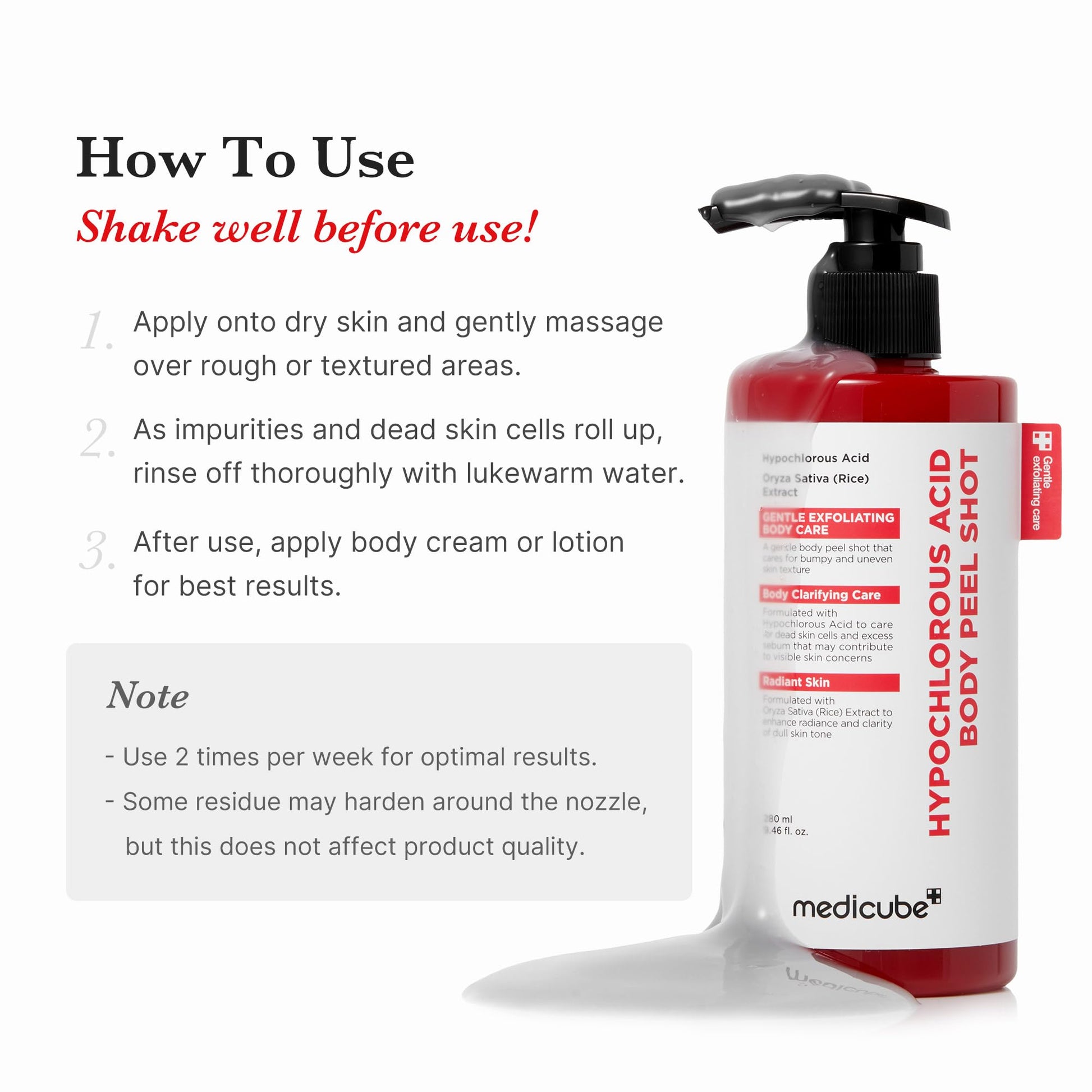 Dermatologist tested Medicube body peeling serum bottle placed on a clean background.