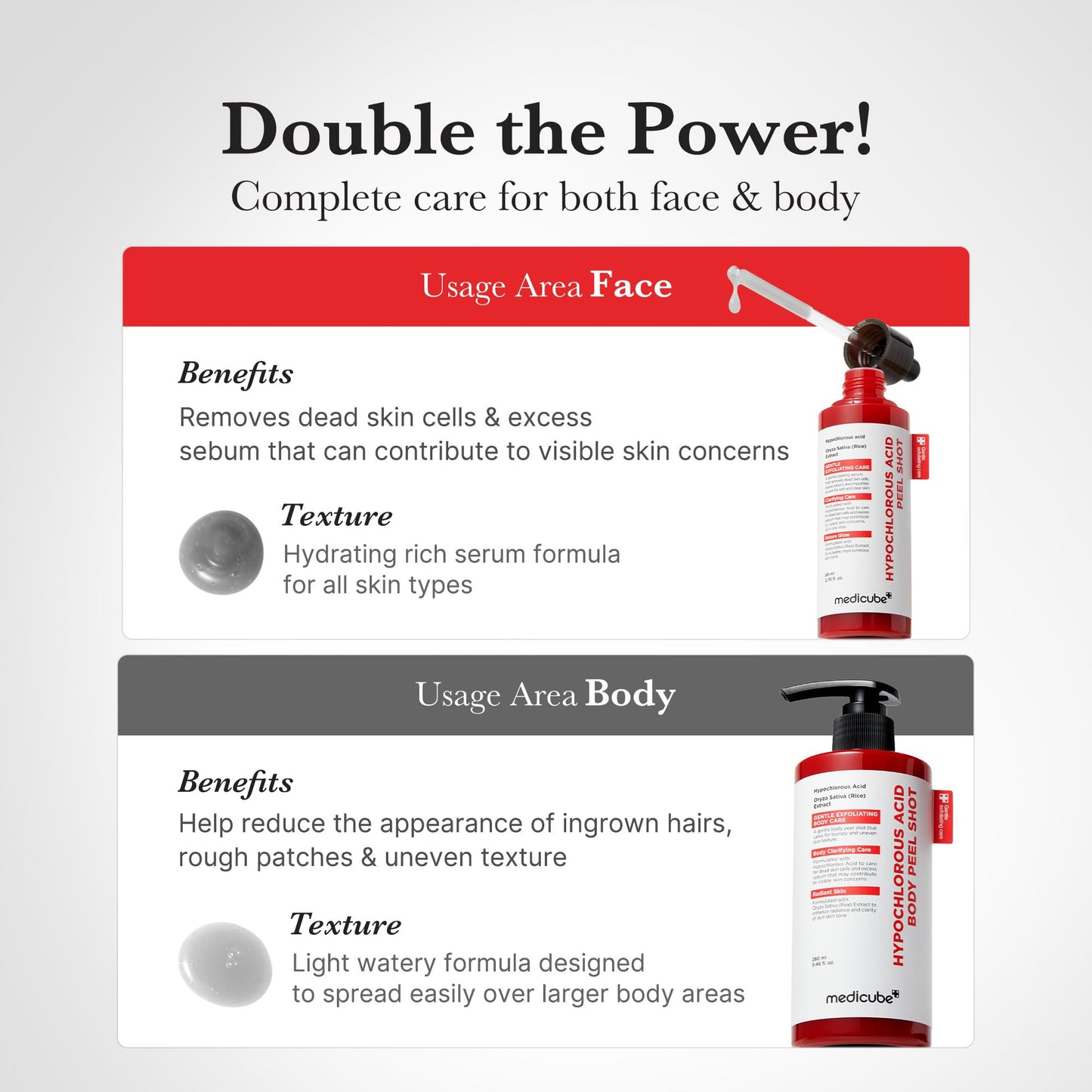 Hypochlorous acid body peel shot by Medicube showing the texturized pump bottle design.