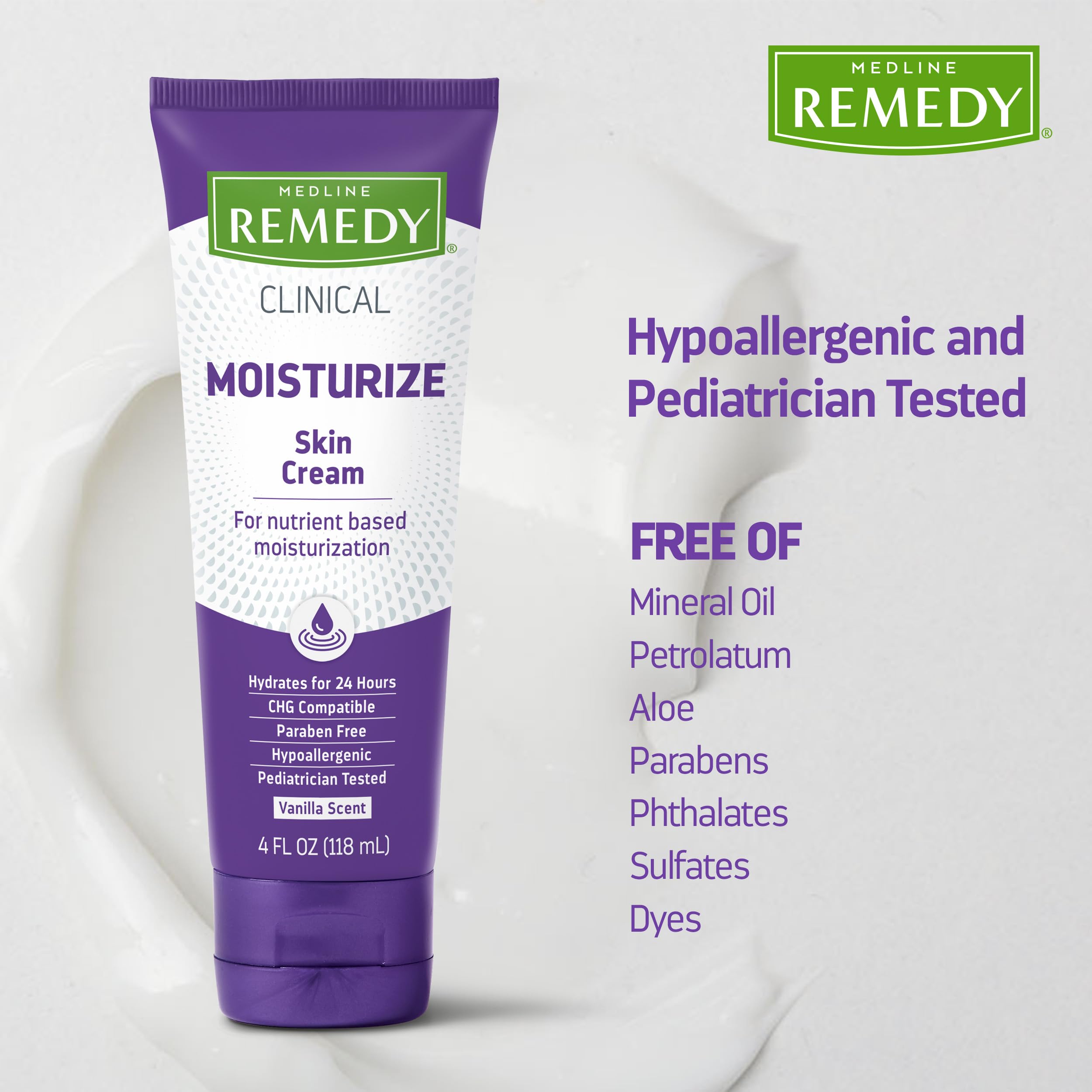 Texture shot of the lightweight non greasy Medline Remedy vanilla scented cream on skin.