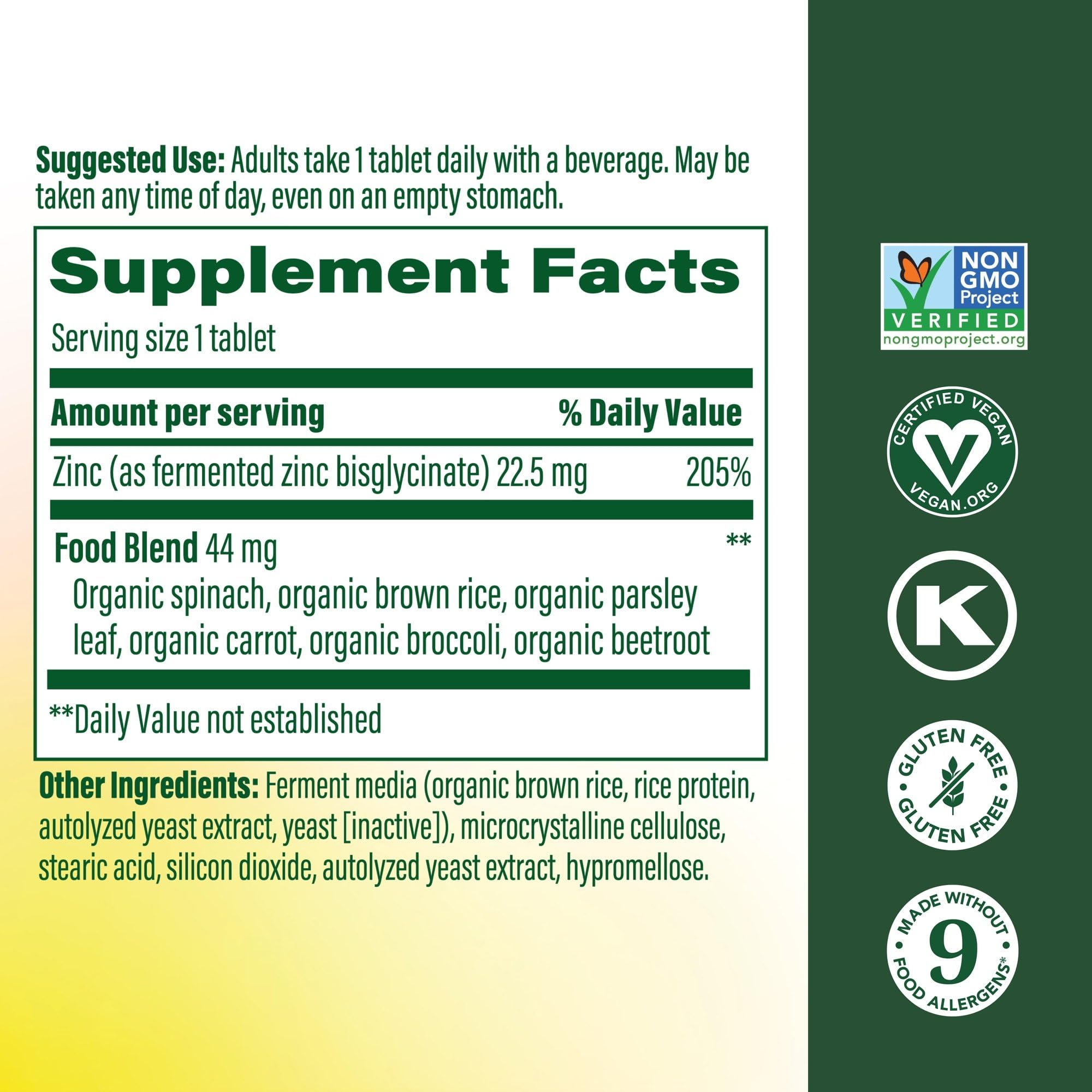 MegaFood high potency fermented zinc twenty two point five milligrams nutritional facts panel label
