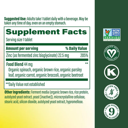 MegaFood high potency fermented zinc twenty two point five milligrams nutritional facts panel label