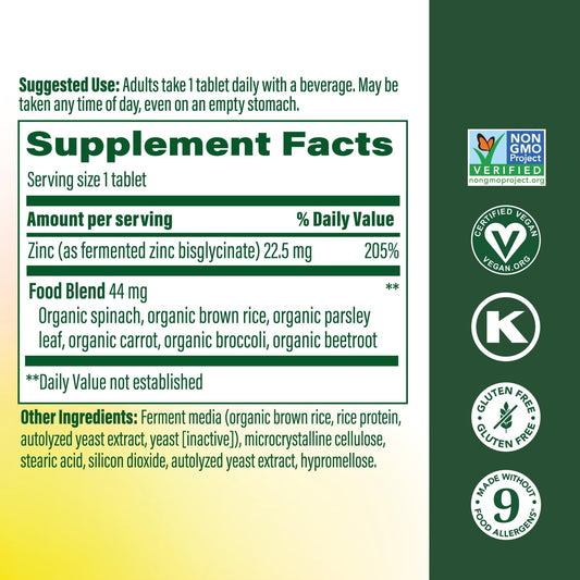 MegaFood high potency fermented zinc twenty two point five milligrams nutritional facts panel label