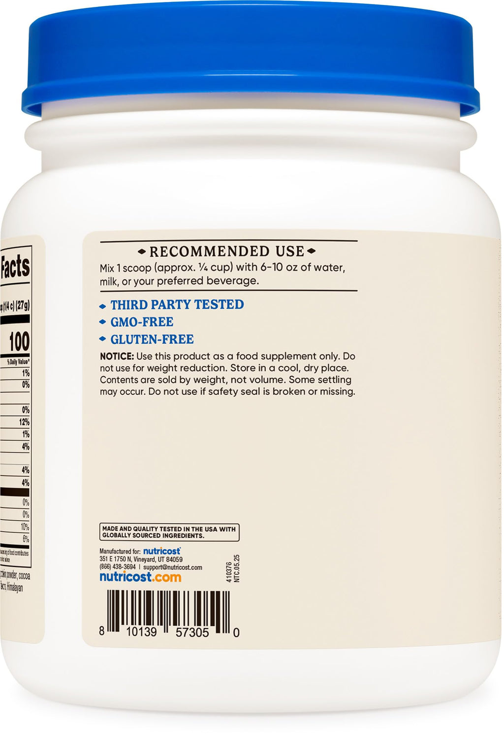Nutricost Chocolate premium protein powder container highlighting 20 servings of imported health supplement