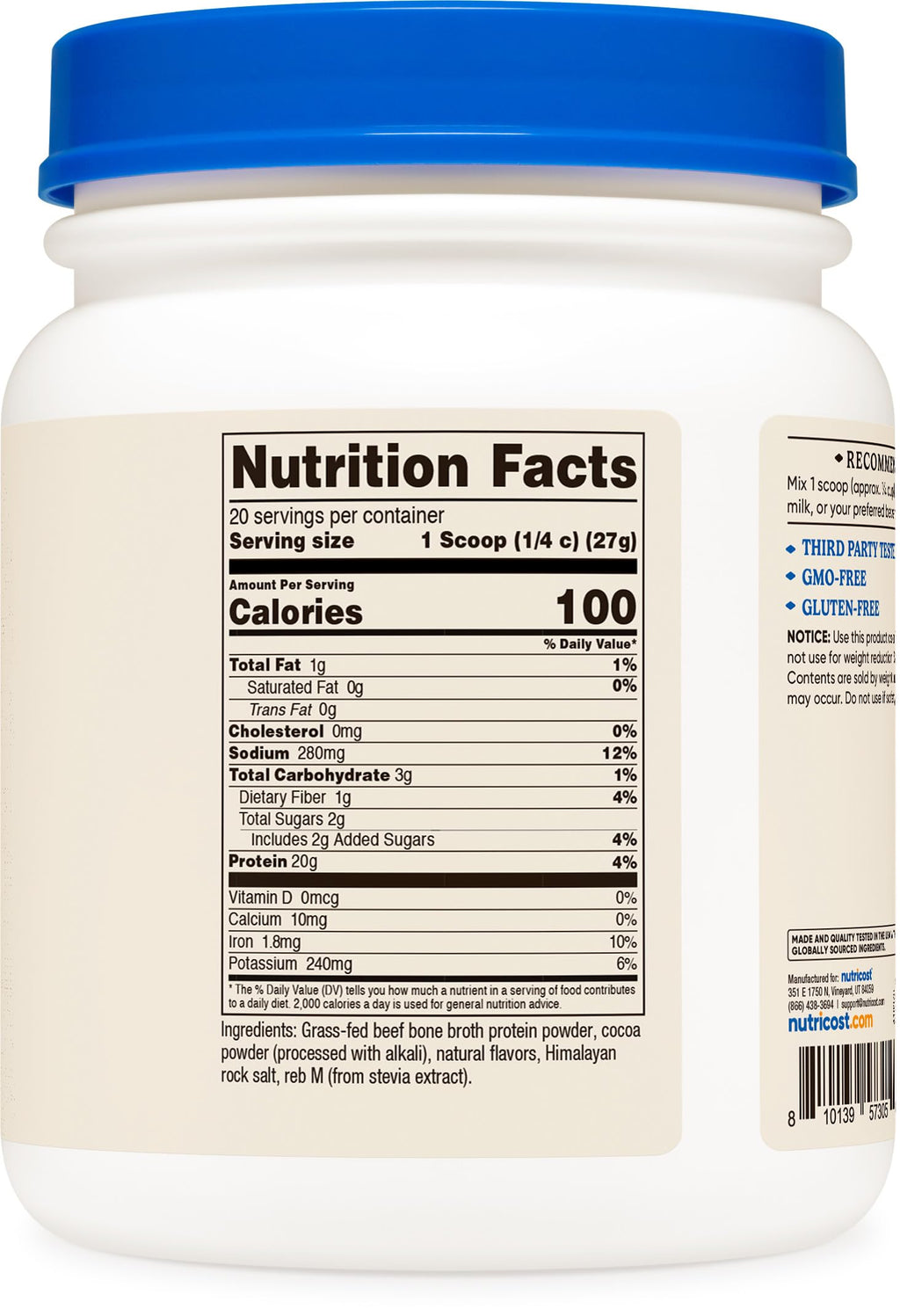 Nutricost authentic USA imported chocolate flavored bone broth powder top perspective with GMP certification mark