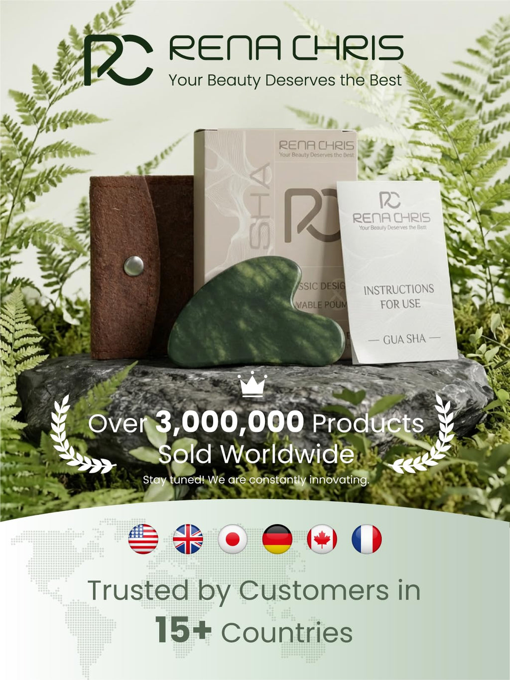 Complete packaging of the green stone facial massager with travel bag and instructions.