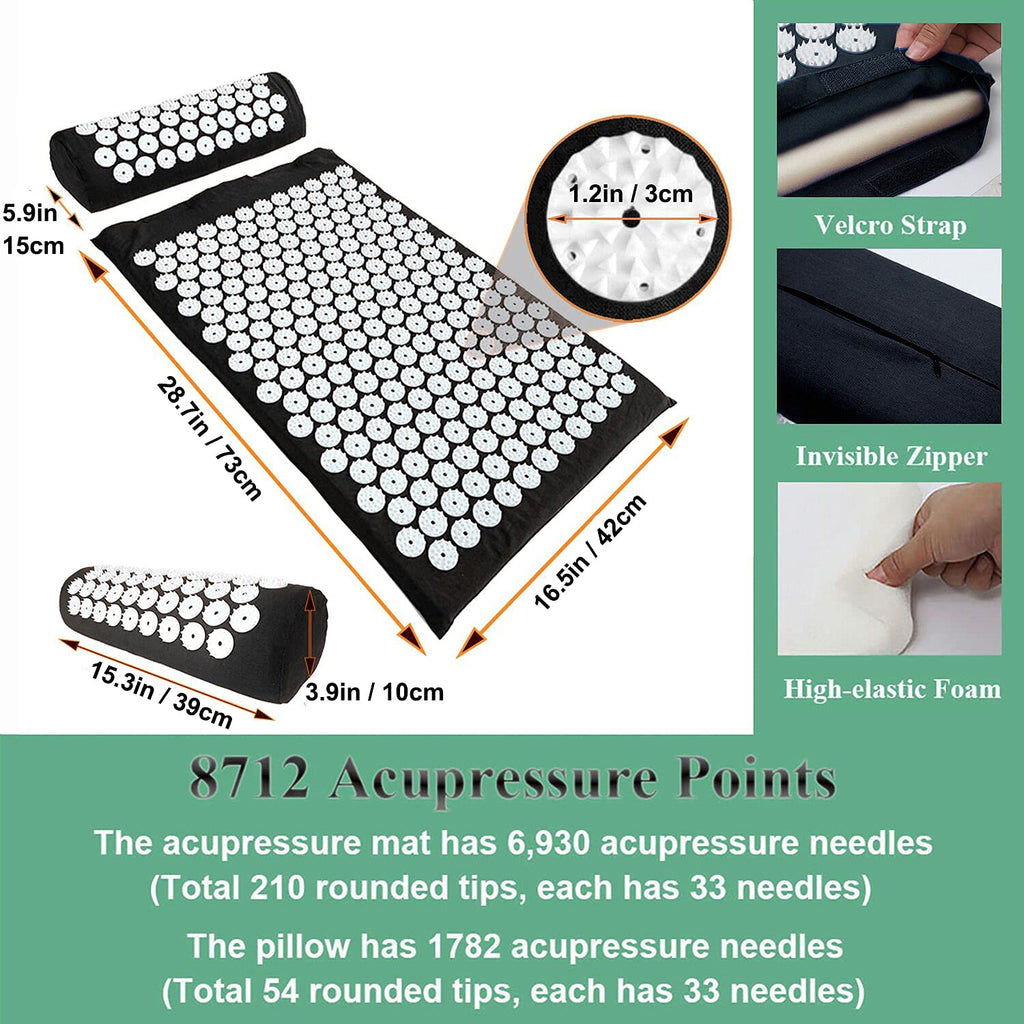 Xiaomage black acupressure mat showing plastic spike rosettes layout