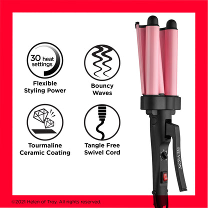 Revlon deep wave hair crimping iron highlighting the ergonomic handle and power switch