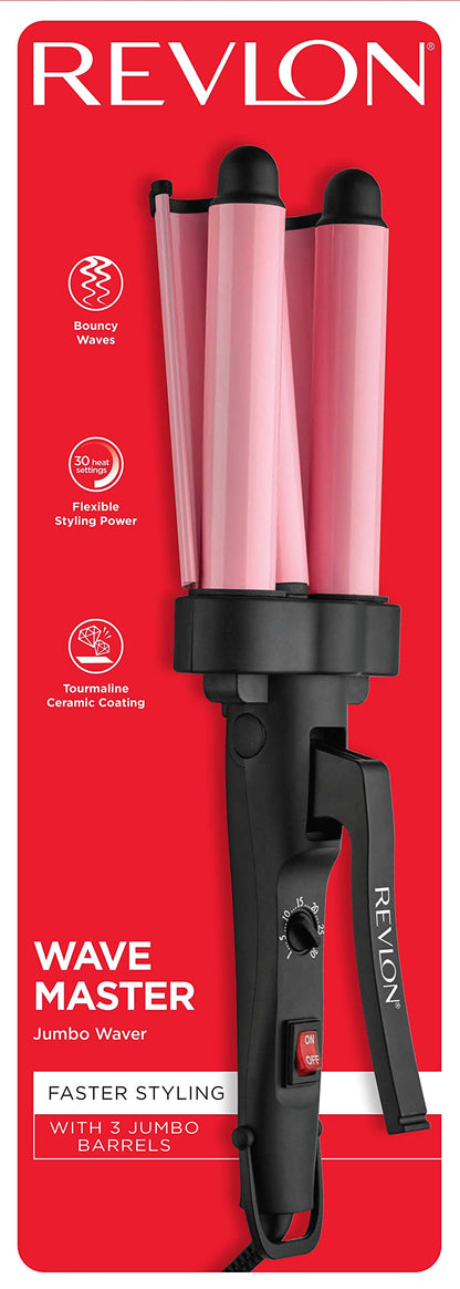 Full packaging view of the imported Revlon pink jumbo three barrel curling appliance
