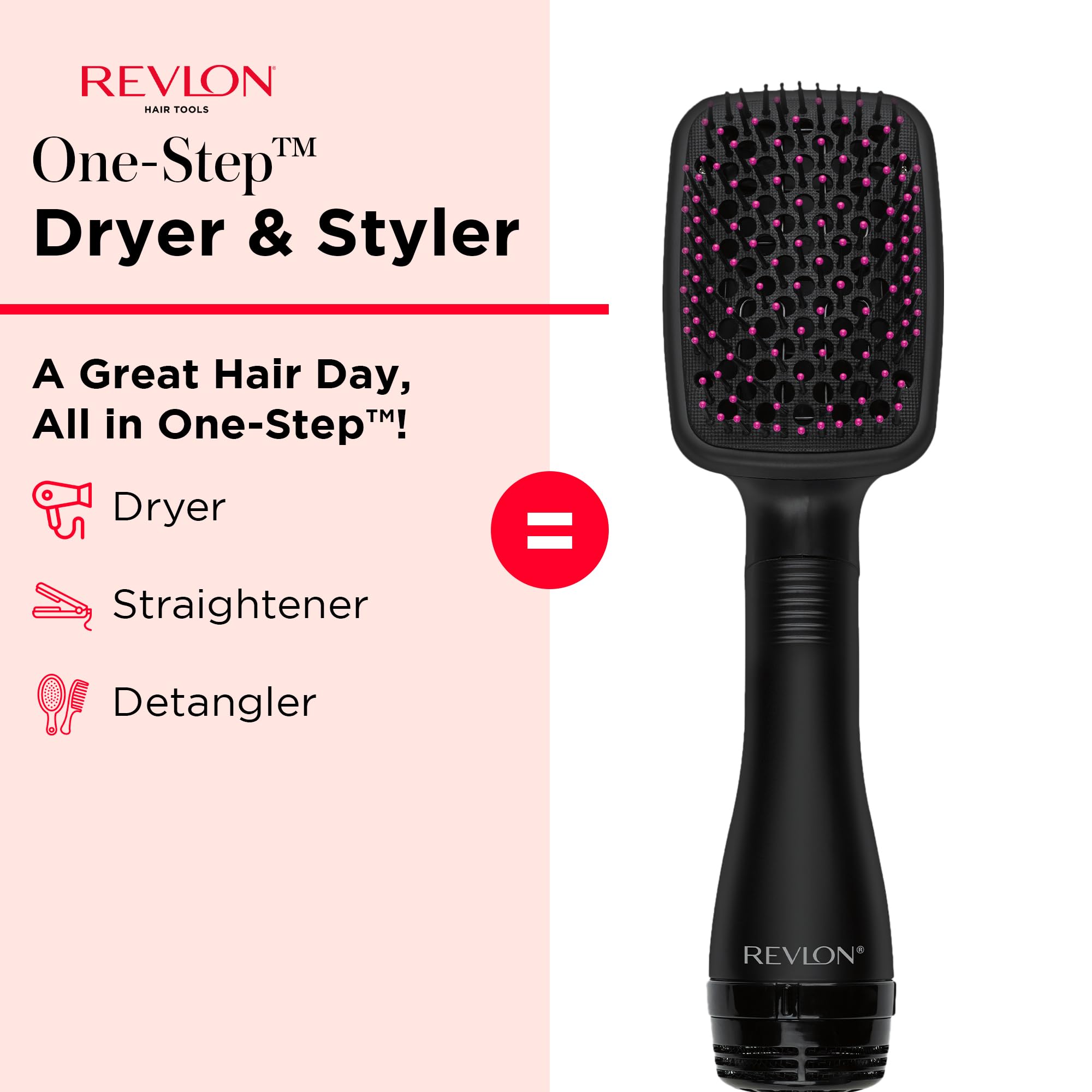 Revlon multi-functional hot air brush showcasing the ergonomic handle and twist dial heat control settings.