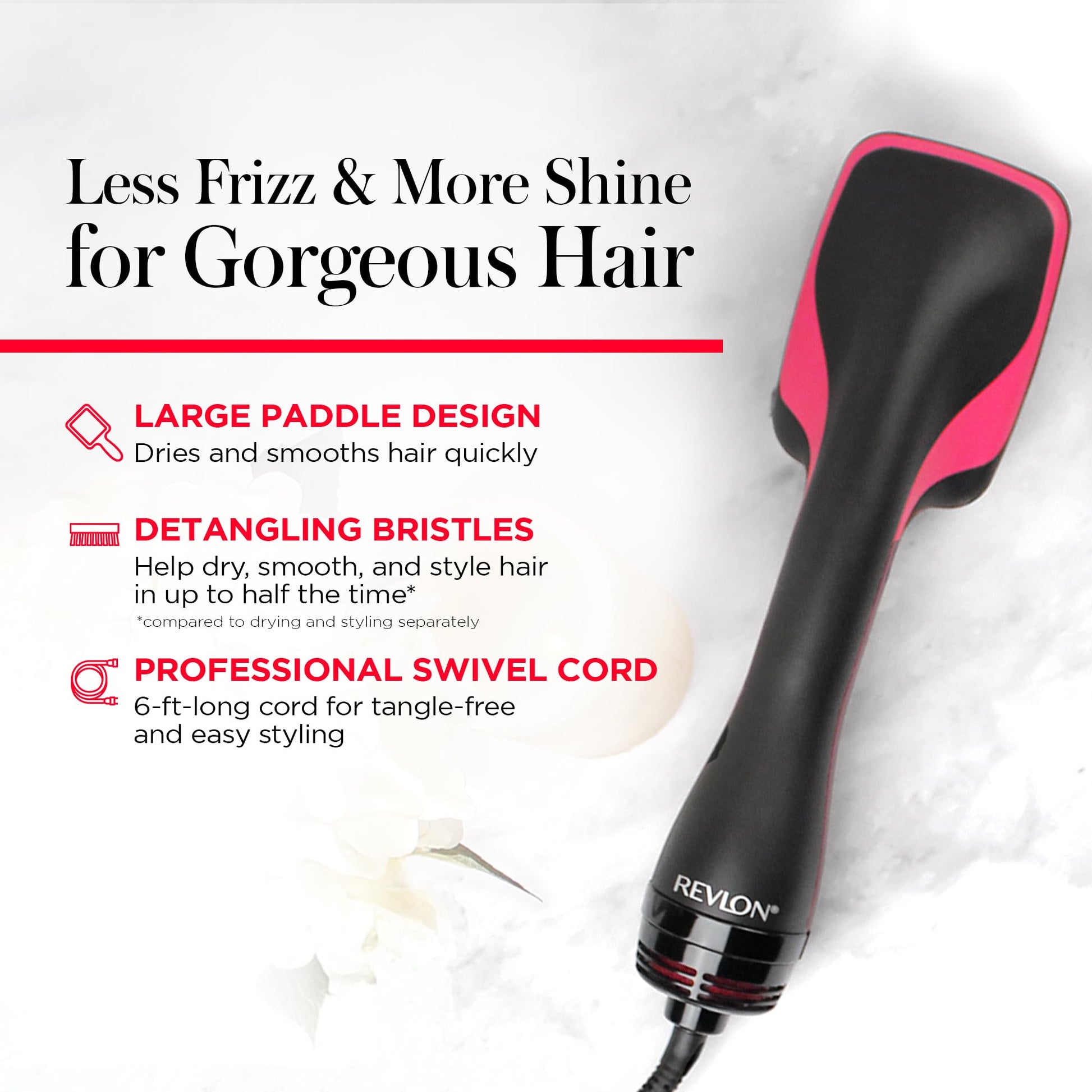 Revlon all-in-one blow dryer brush packaging detailing the product specifications and ionic technology benefits.