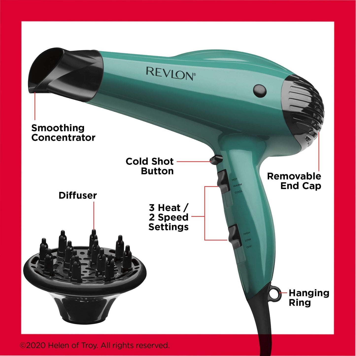 Revlon teal green personal care hair appliance highlighting back filter mesh layout